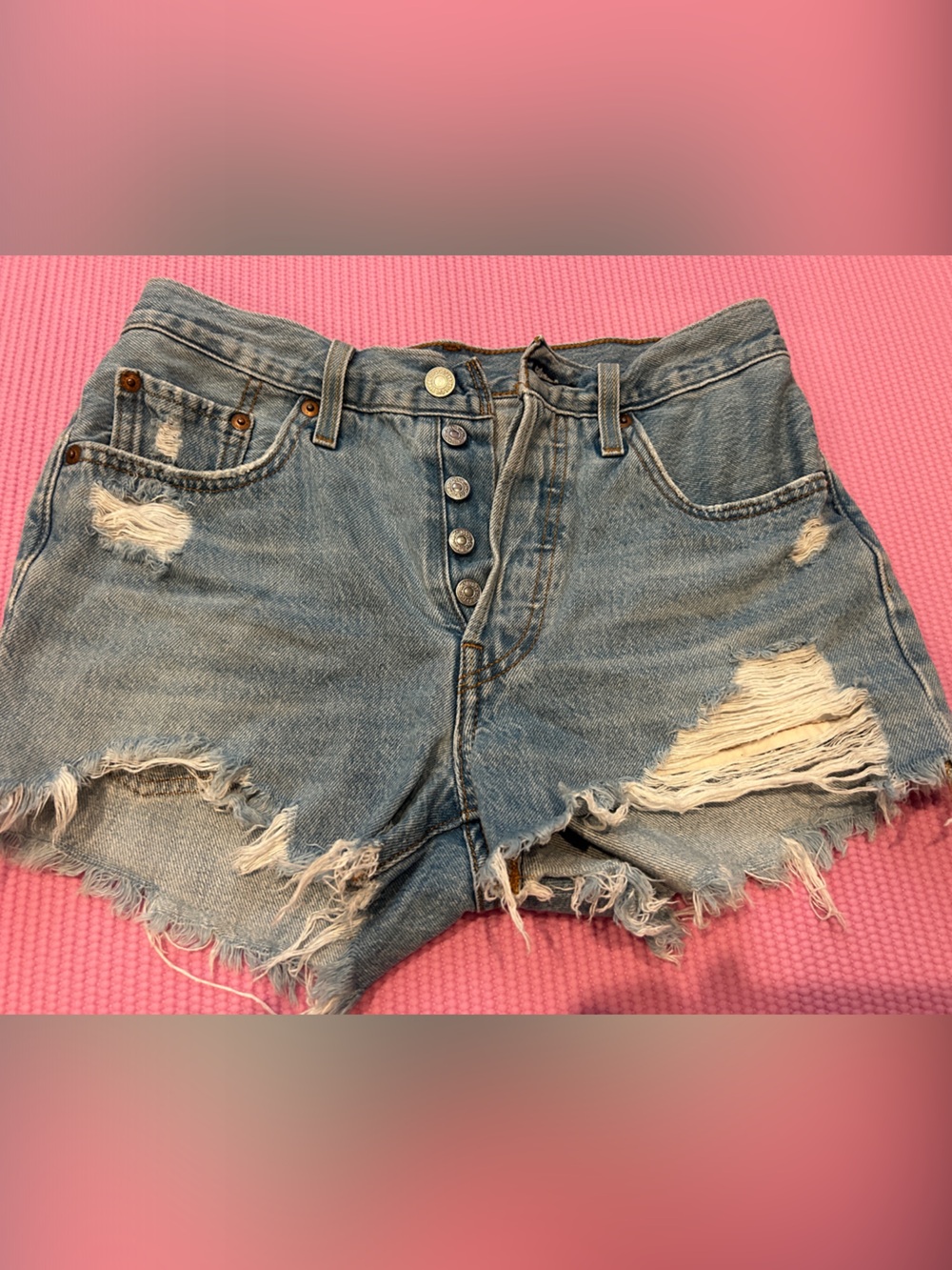 Levi's Light Blue Distressed Button-Fly Jean Shorts